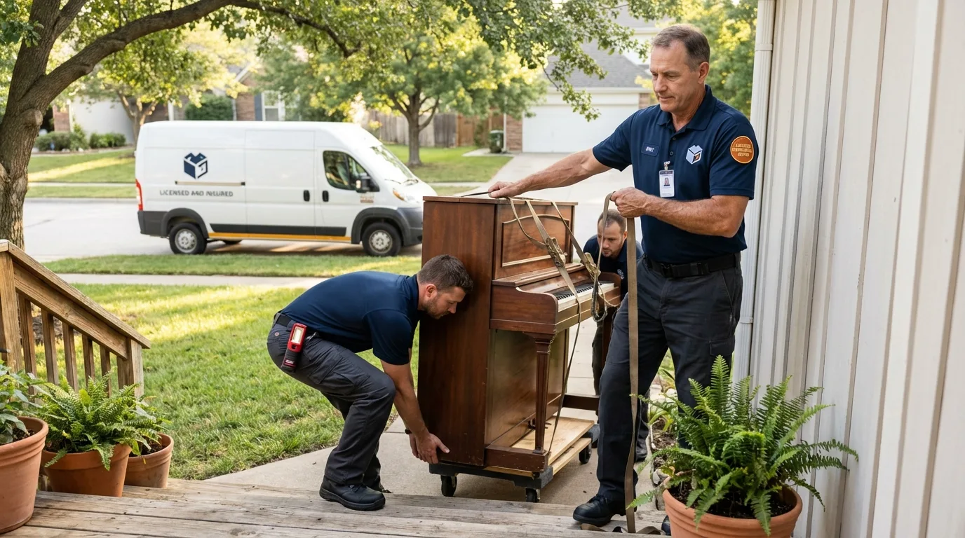 Licensed piano movers securing grand piano in Baker City, OR