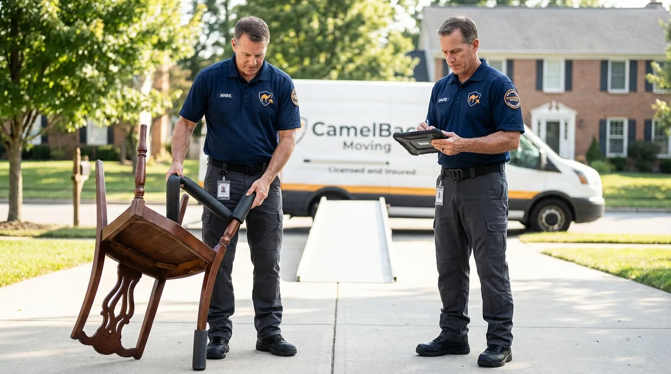 Movers inspecting furniture for damage prevention before loading in Baker City, OR