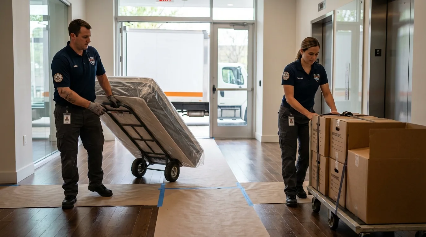 Professional apartment movers loading elevator in Baker City, OR